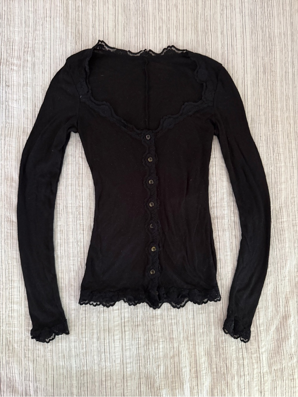 Free People Black Lace-Trim Buttoned Long Sleeve Top